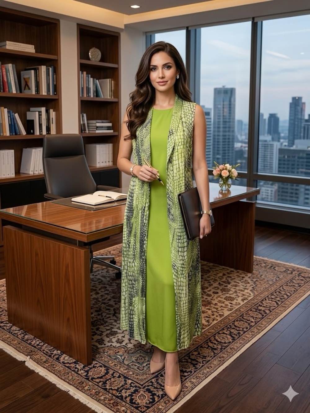 🇺🇸Jones New York Lime Green Maxi Tunic with Printed Long Duster🇺🇸